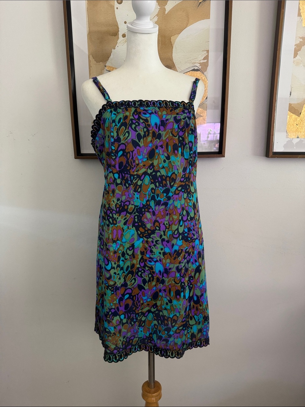 vintage 1960 slip nylon dress psychedelic teal purple black embroidered trim